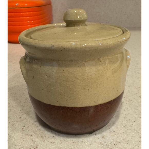 Unbranded 2 tone Brown Ceramic Crock bean Pot W Lid  3”x3” - Picture 1 of 6